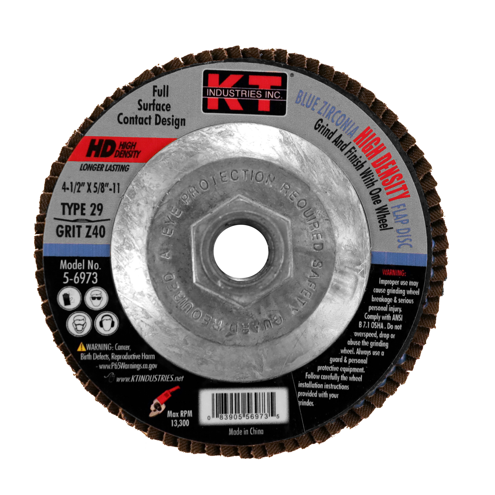 K-T Industries High Density Blue Zirconia Flap Disc — 4 1/2in. x 5/8in.-11, T29, 40 Grit, Model# 5-6973